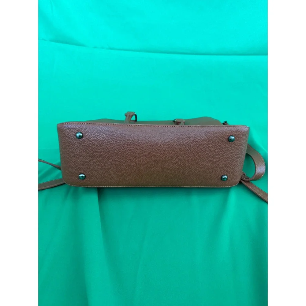 Heshe Brown Pebbled Leather Satchel Triple Compartment Crossbody Bag